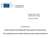 Deckblatt des EU-Richtlinienentwurfs zu Ein-Personen-Gesellschaften