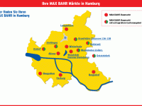 Karte von Max Bahr mit Niederlassungen in Hamburg