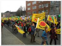 Demonstrationszug in Kiel, zahlreiche Anti-Atom-Flaggen
